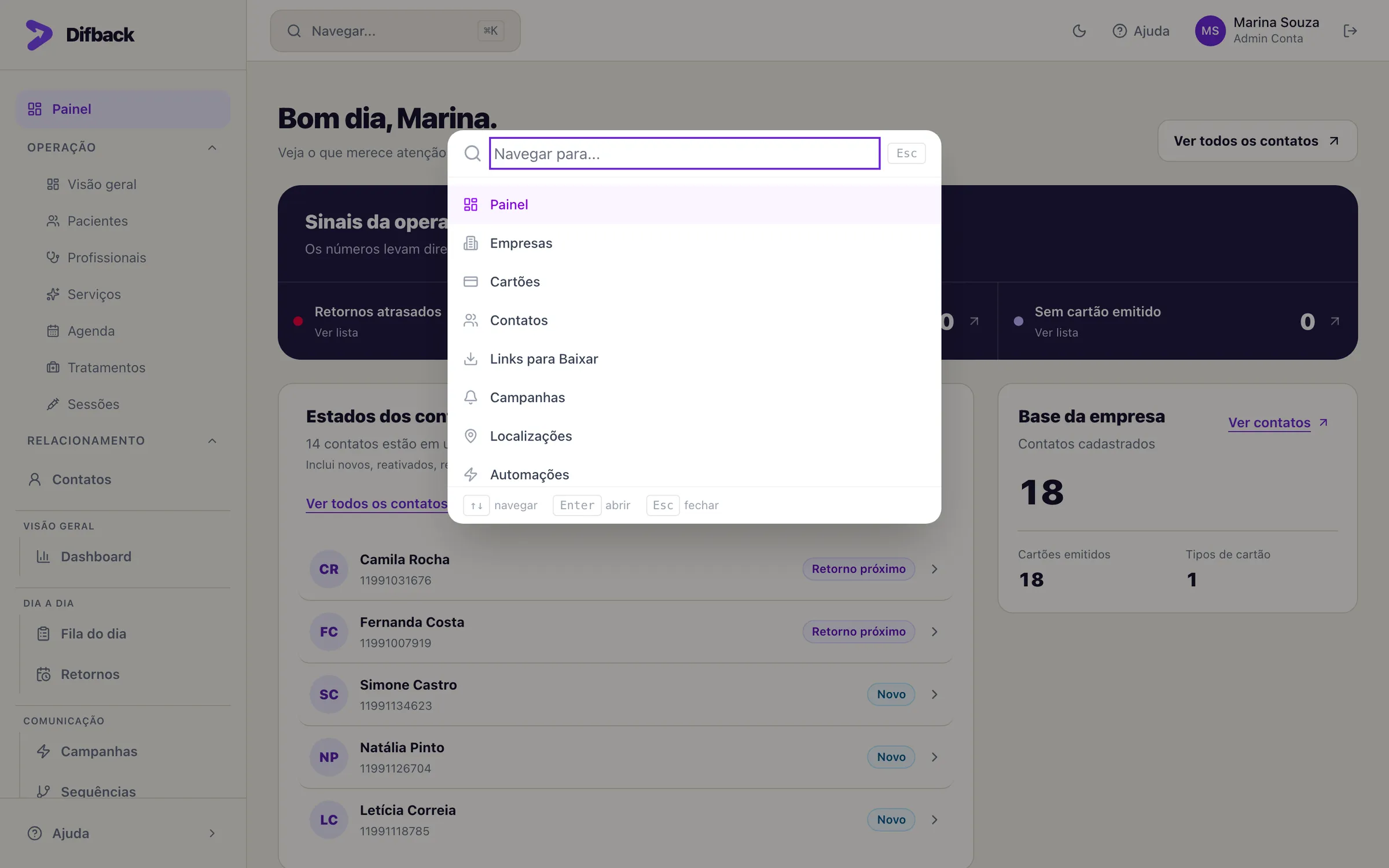 Janela Navegar para com a lista de telas do painel