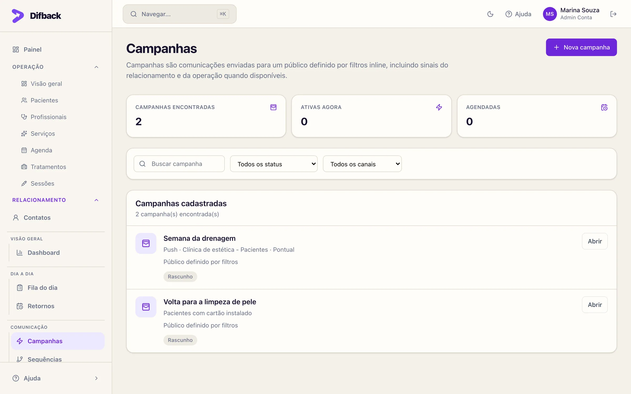 Lista de campanhas com contadores, filtros por status e canal e campanhas cadastradas