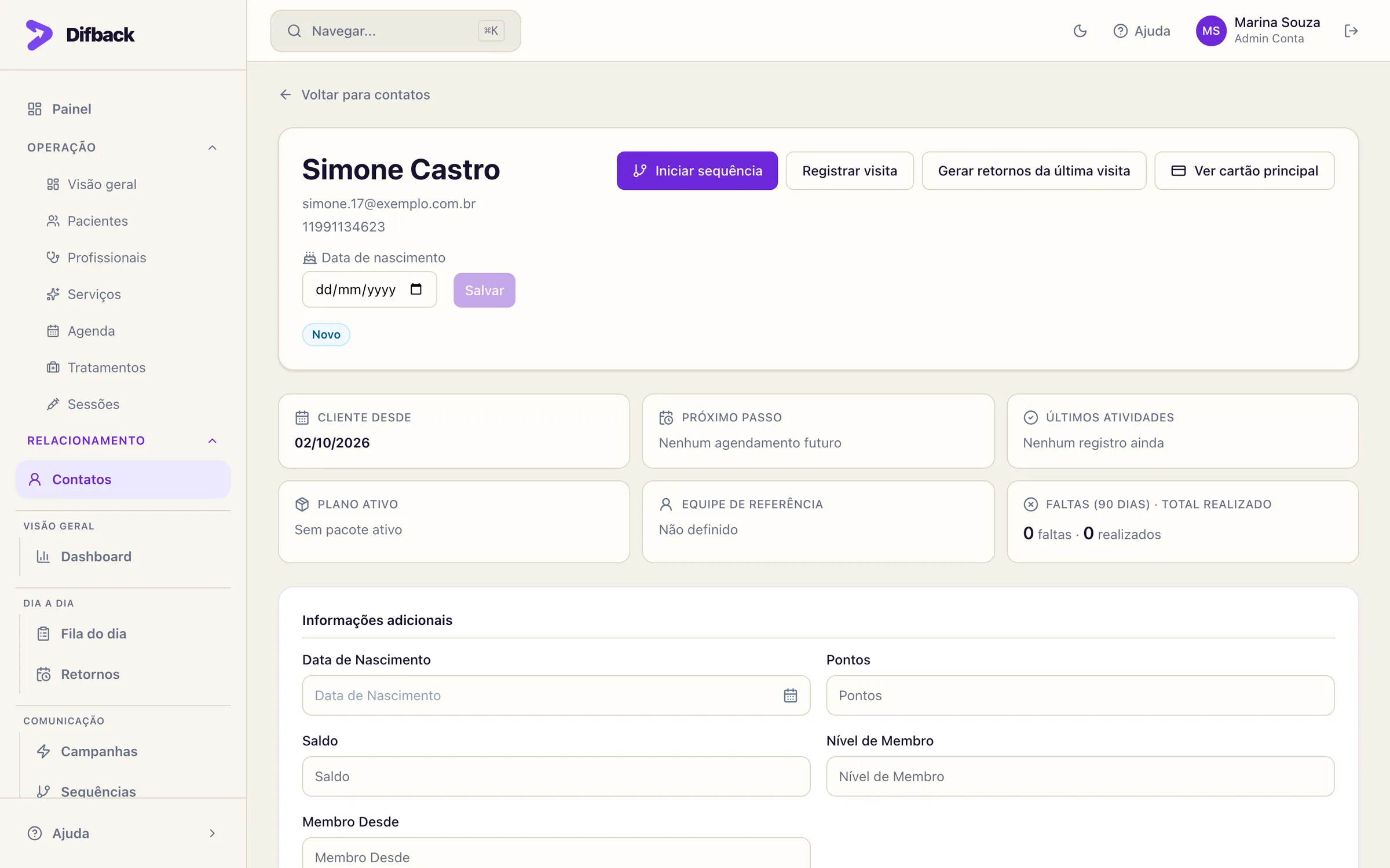 Ficha do contato com botões Iniciar sequência, Registrar visita, Gerar retornos da última visita e Ver cartão principal
