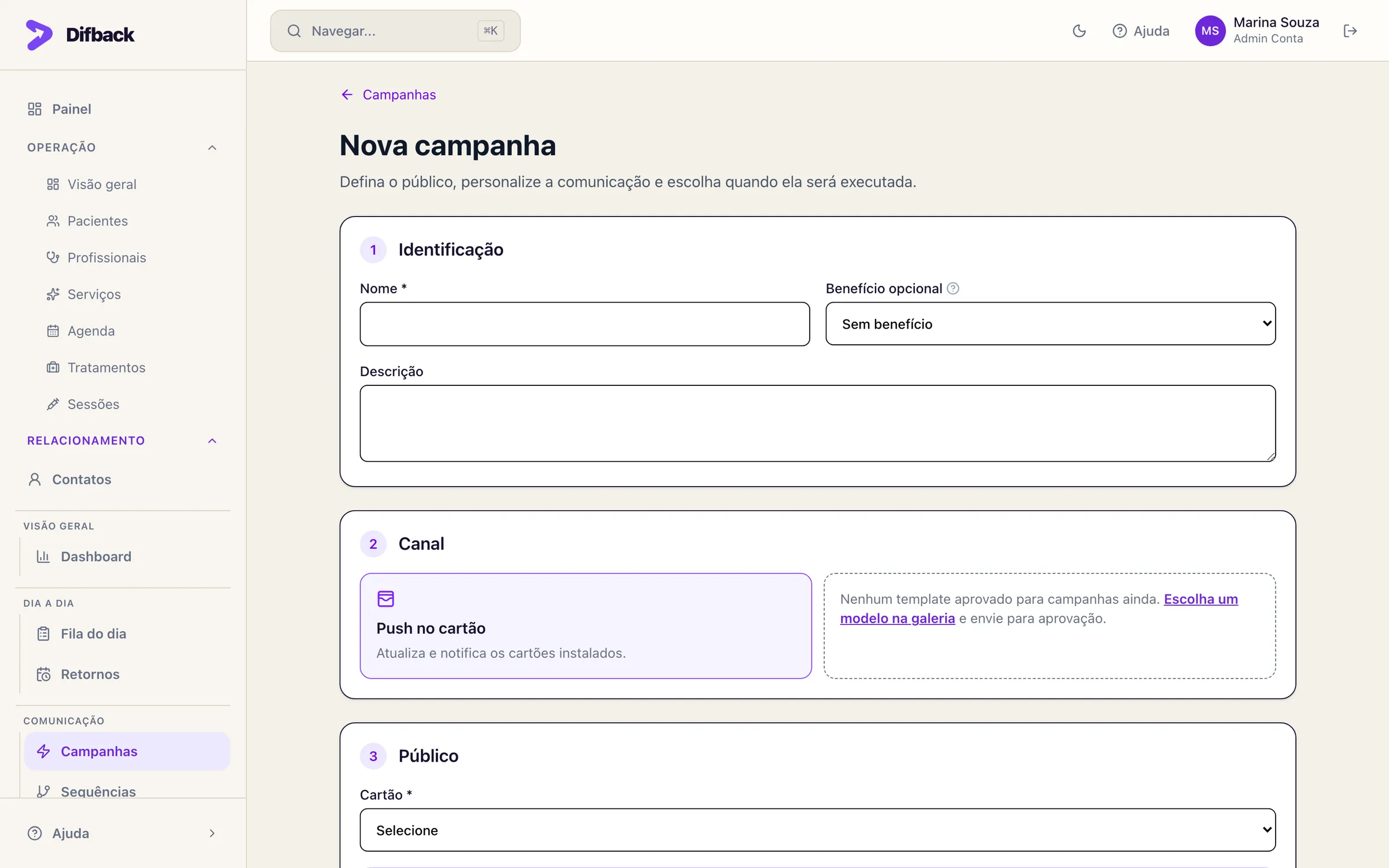 Formulário Nova campanha com identificação, canal e público