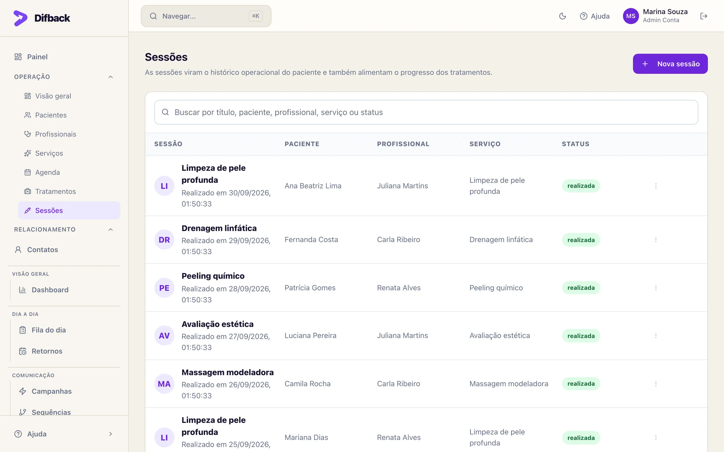 Lista de sessões realizadas com paciente, profissional, serviço e status