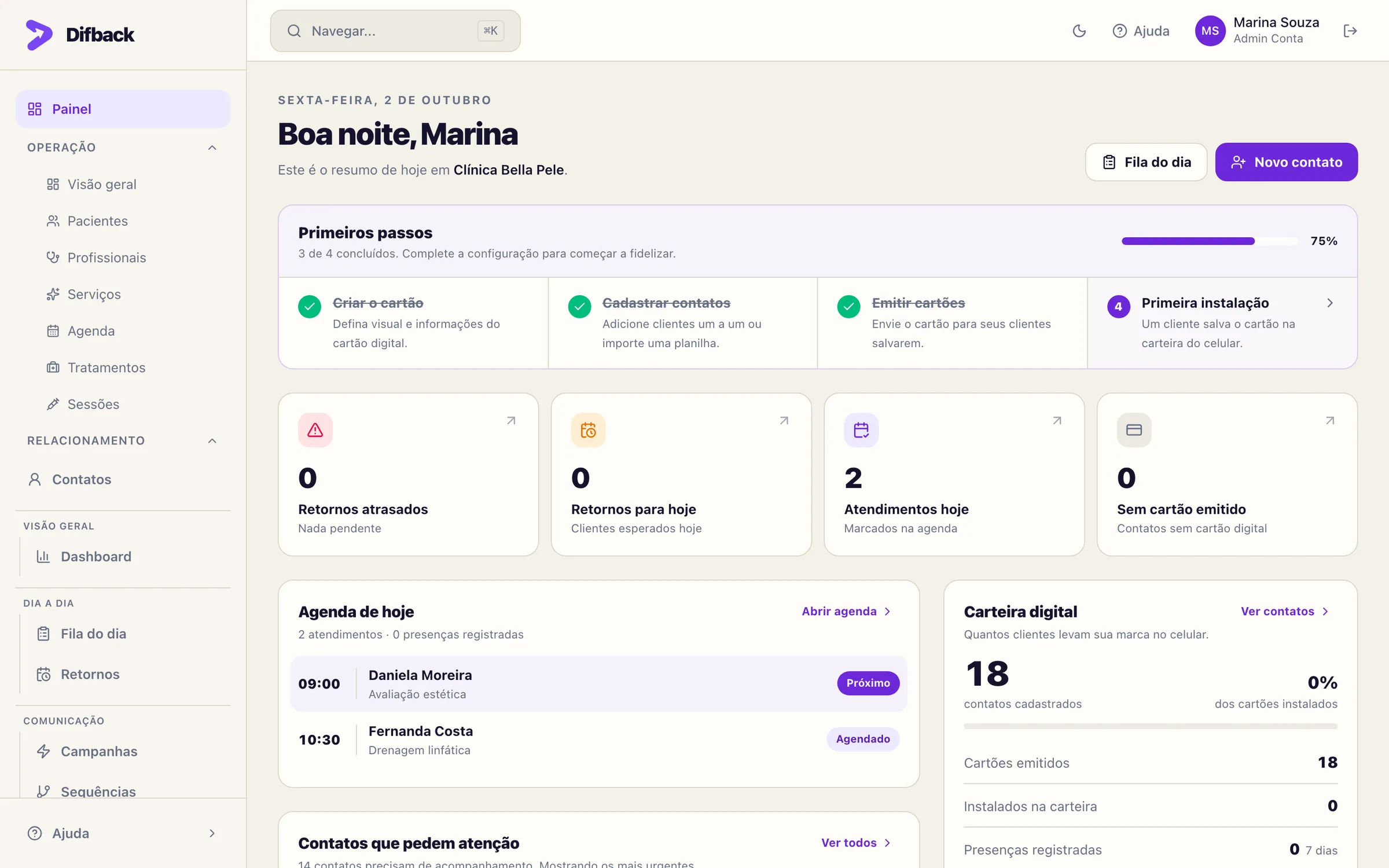 Painel inicial com primeiros passos, sinais do dia, agenda de hoje e contatos que pedem atenção