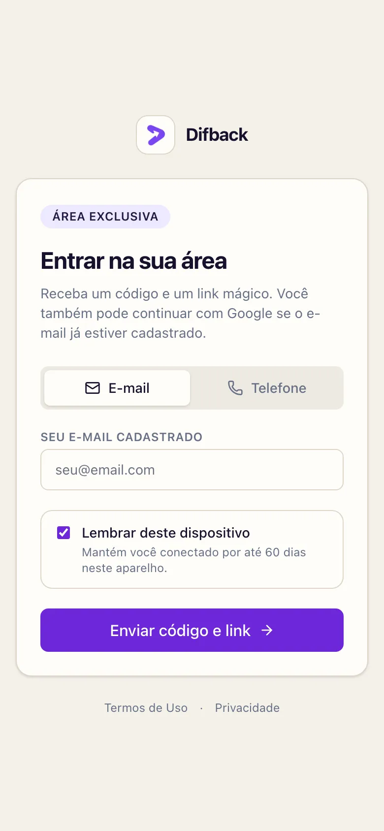 Tela Entrar na sua área do portal do contato com e-mail ou telefone