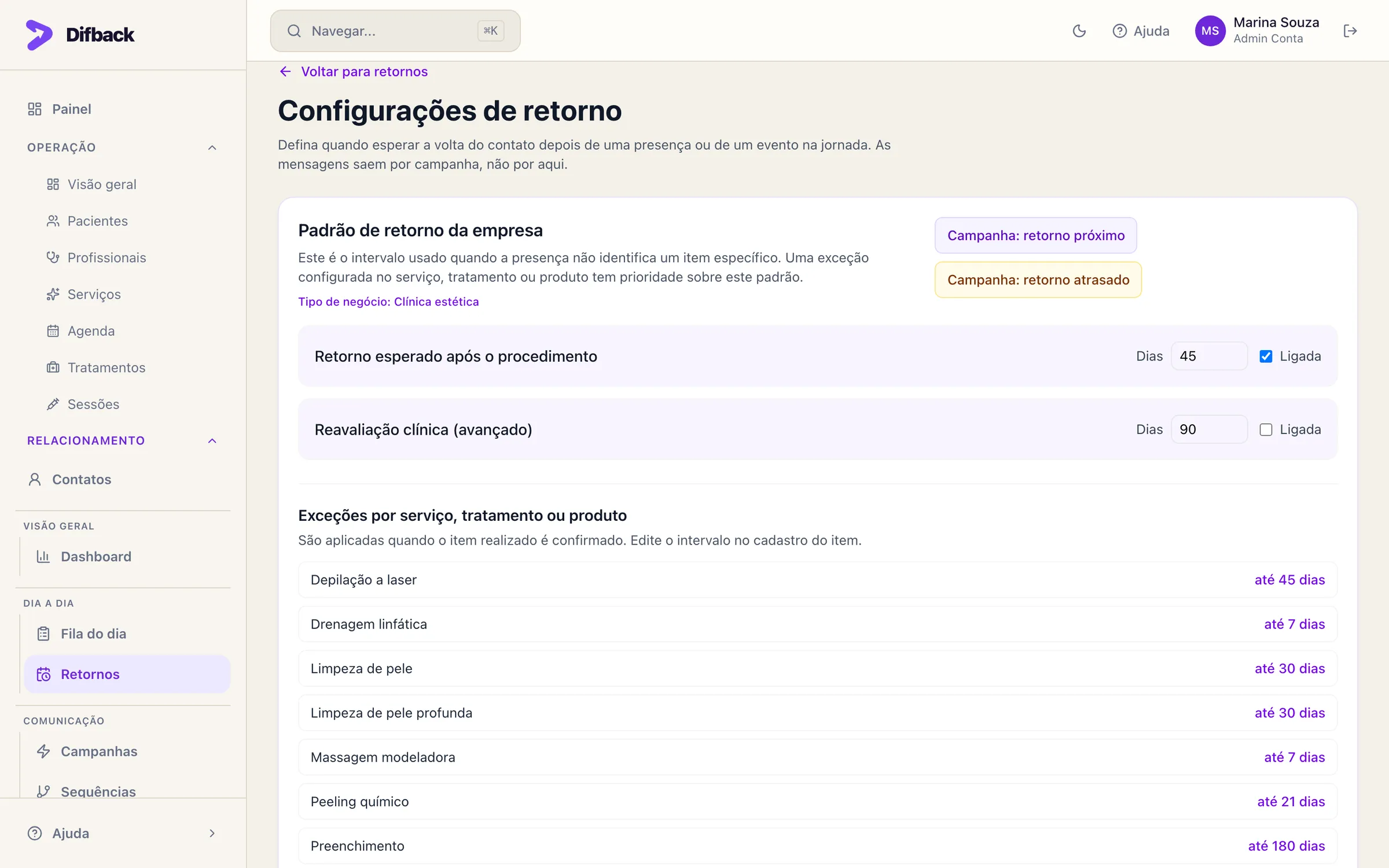 Configurações de retorno com padrão da empresa, reavaliação e exceções por serviço