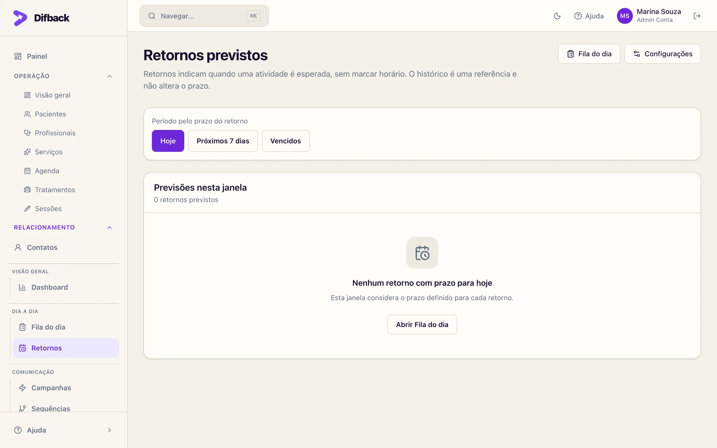 Tela Retornos previstos com filtros Hoje, Próximos 7 dias e Vencidos