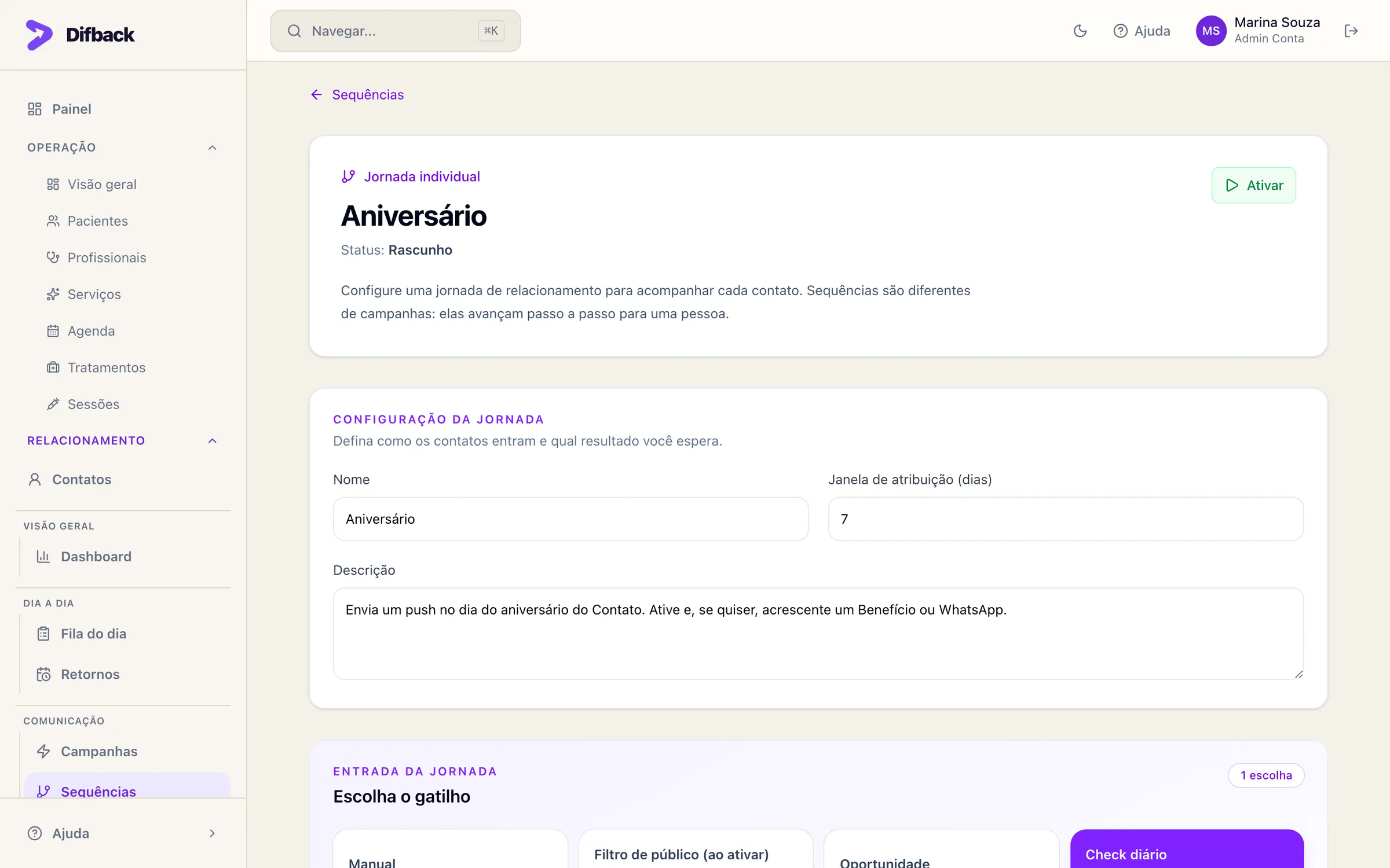 Configuração da sequência Aniversário com nome, janela de atribuição, descrição e escolha do gatilho