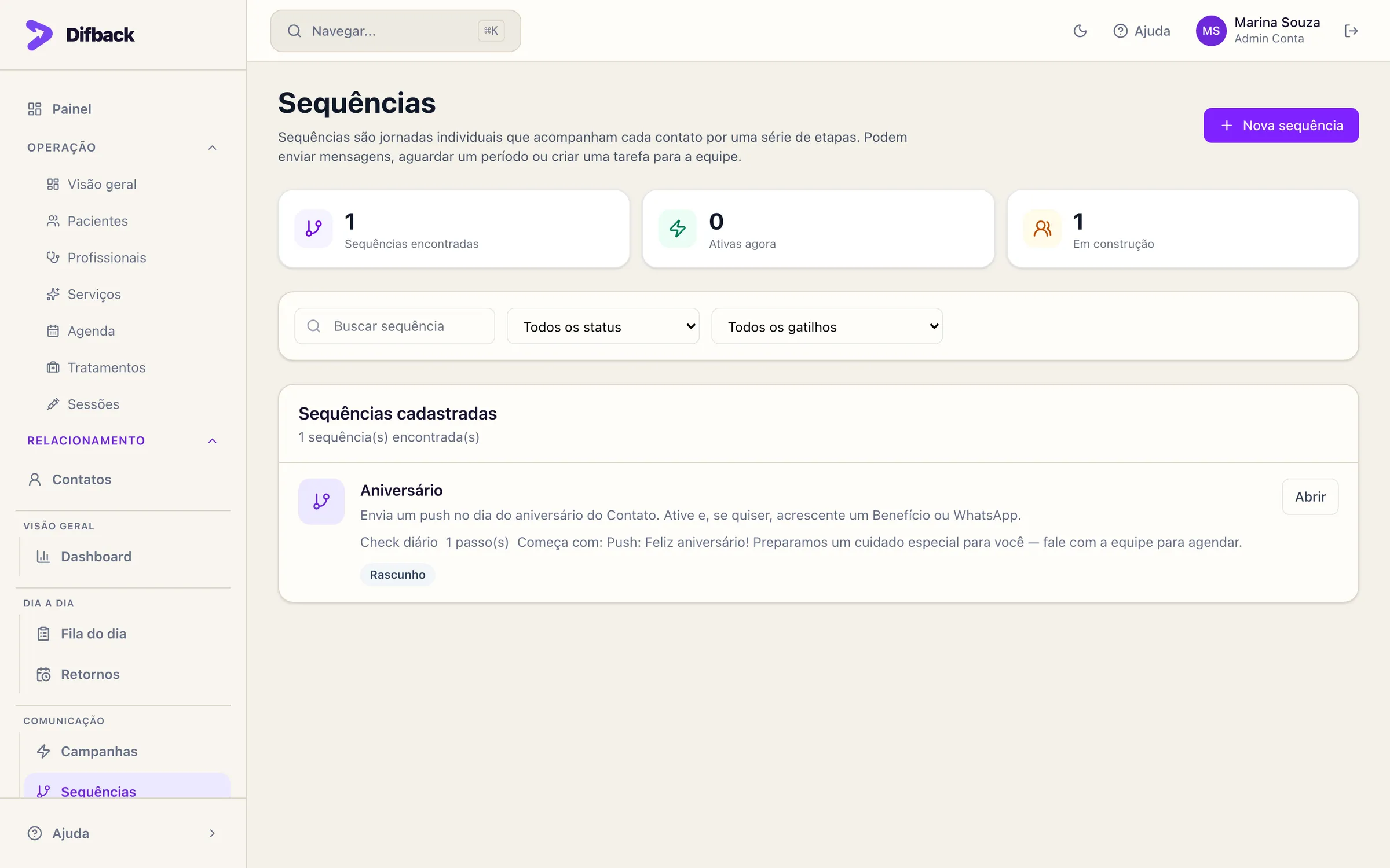 Lista de sequências com a sequência Aniversário em rascunho
